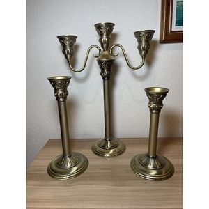 PARTYLITE CLASSIC CREATIONS SATIN GOLD CANDELABRA PEG & PILLAR CANDLE HOLDERS